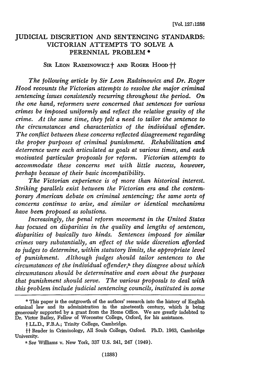 Judicial Discretion and Sentencing Standards: Victorian Attempts to Solve a Perennial Problem*