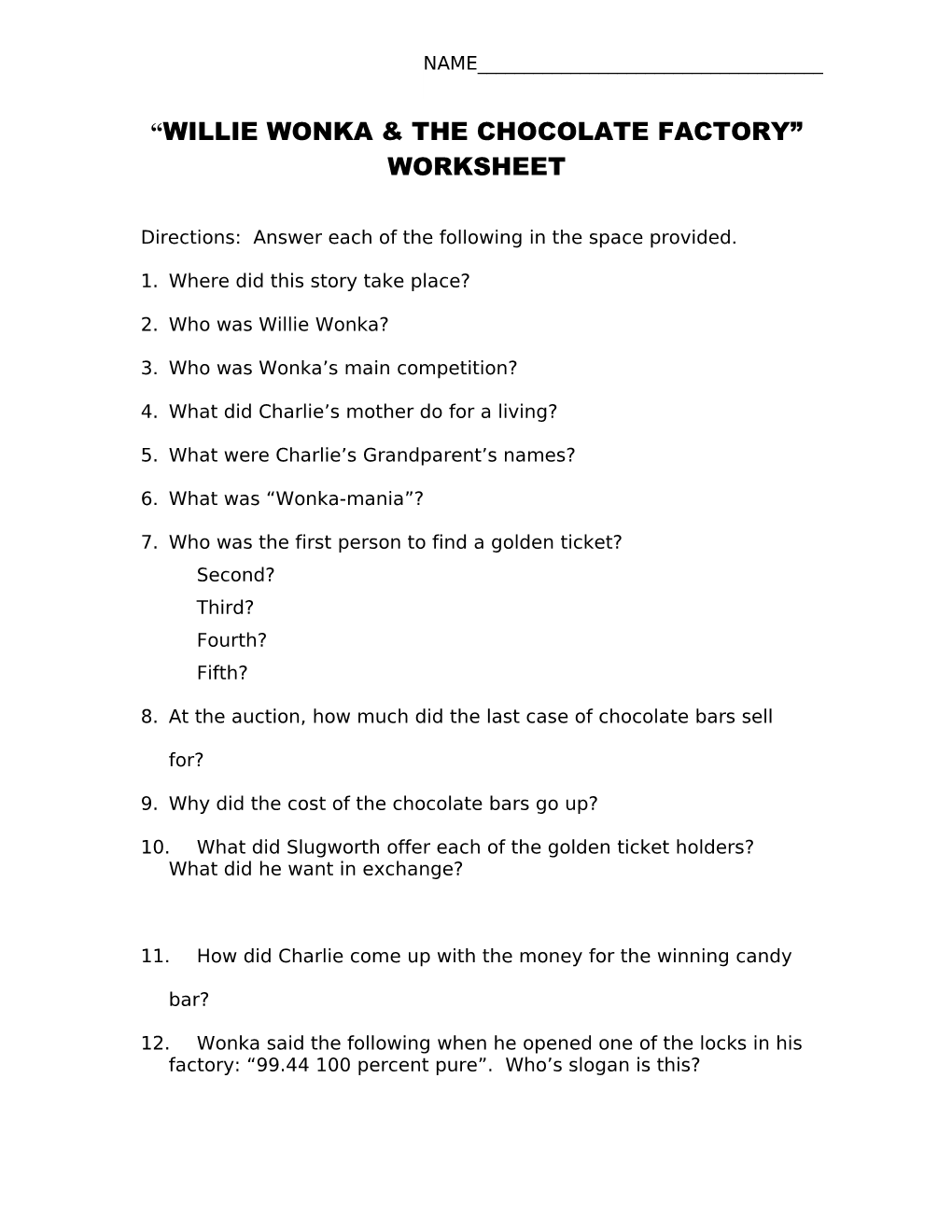 Willie Wonka & the Chocolate Factory Worksheet