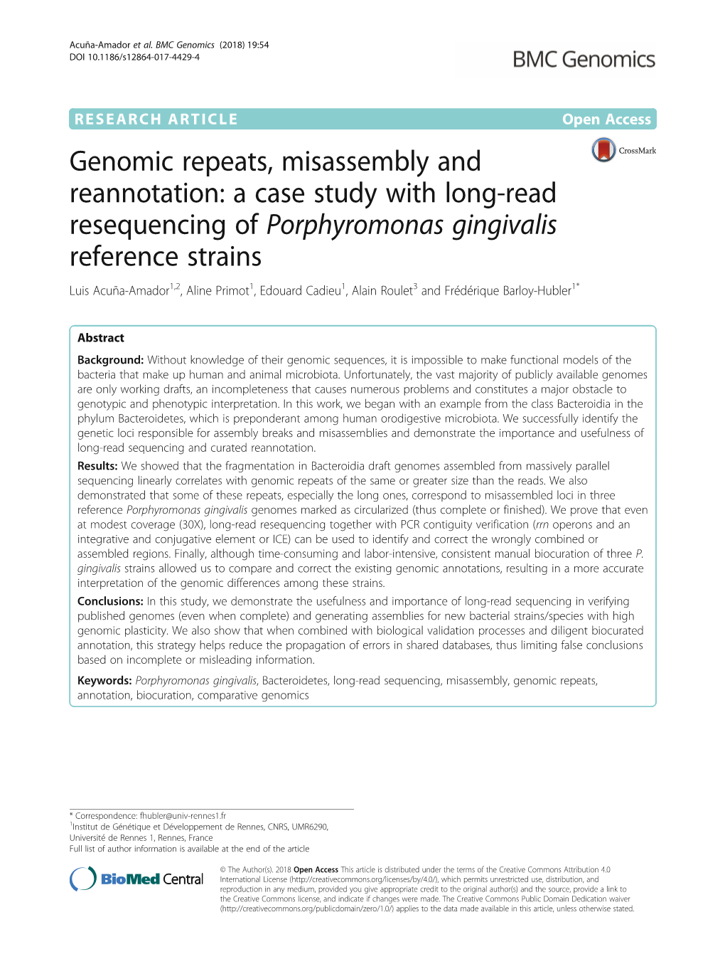 Porphyromonas Gingivalis Reference Strains Luis Acuña-Amador1,2, Aline Primot1, Edouard Cadieu1, Alain Roulet3 and Frédérique Barloy-Hubler1*