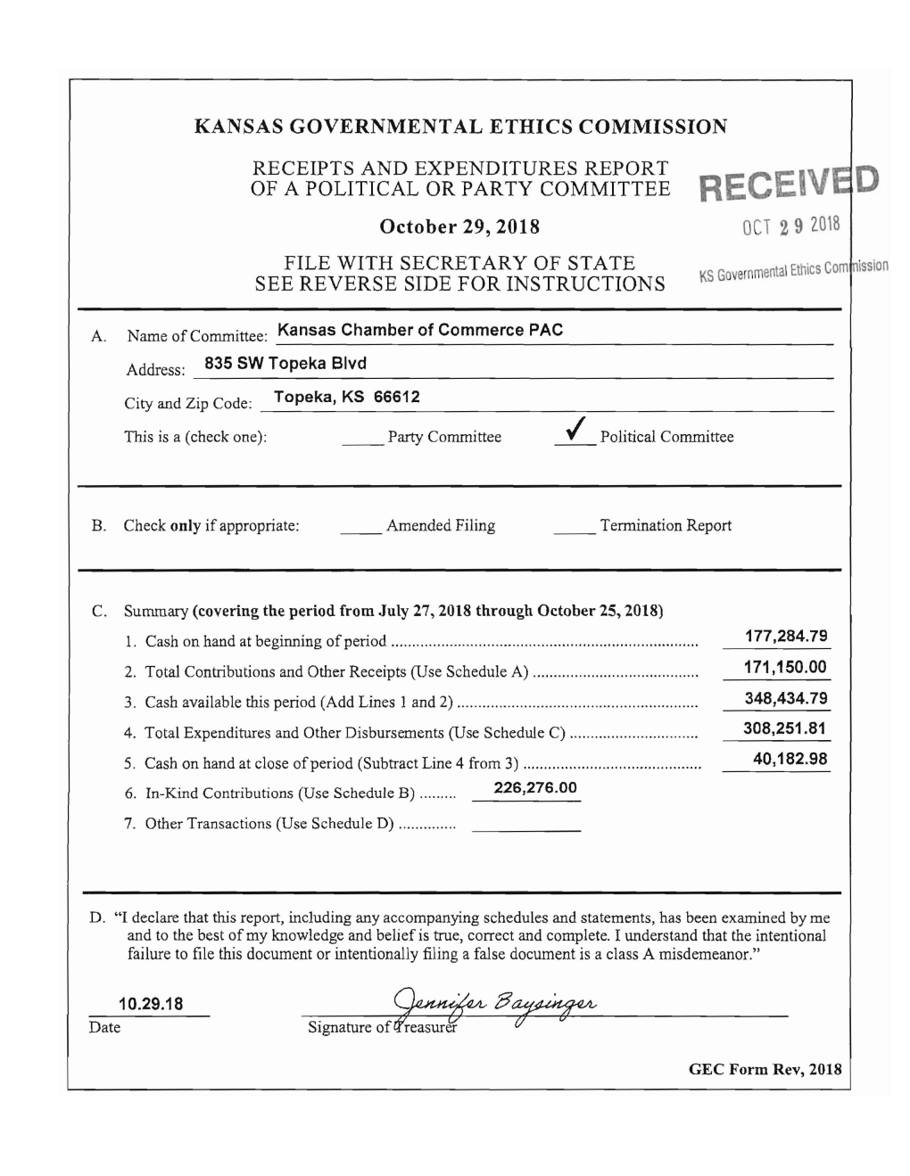 KANSAS GOVERNMENTAL ETHICS COMMISSION RECEIPTS and EXPENDITURES REPORT RECEI of a POLITICAL OR PARTY COMMITTEE October 29, 2018