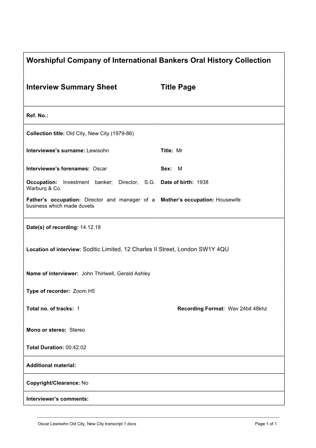 Worshipful Company of International Bankers Oral History Collection