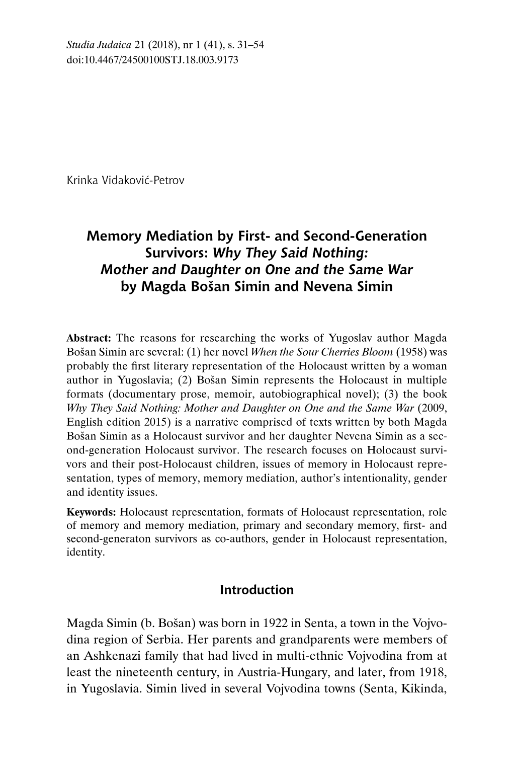 Memory Mediation by First- and Second-Generation Survivors: Why They Said Nothing: Mother and Daughter on One and the Same War by Magda Bošan Simin and Nevena Simin