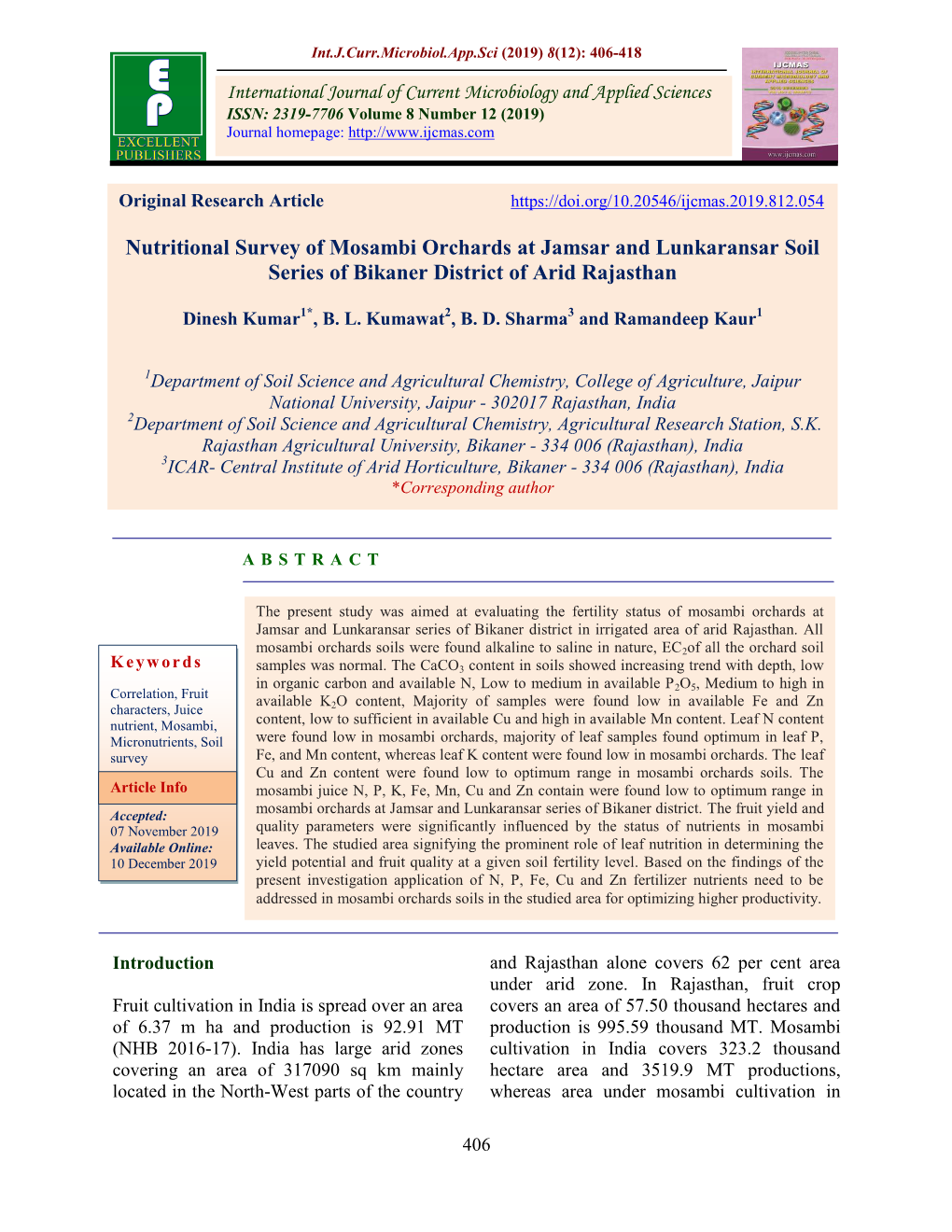 Nutritional Survey of Mosambi Orchards at Jamsar and Lunkaransar Soil Series of Bikaner District of Arid Rajasthan