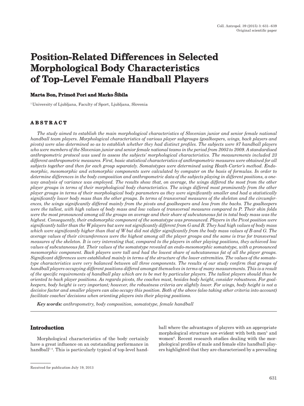 Position-Related Differences in Selected Morphological Body Characteristics of Top-Level Female Handball Players