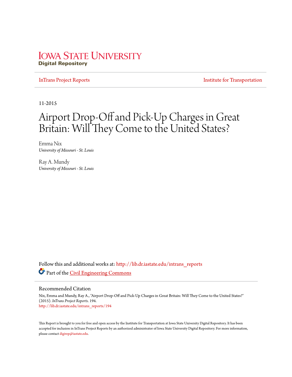 Airport Drop-Off and Pick-Up Charges in Great Britain: Will They Come to the United States? Final Report November 2015