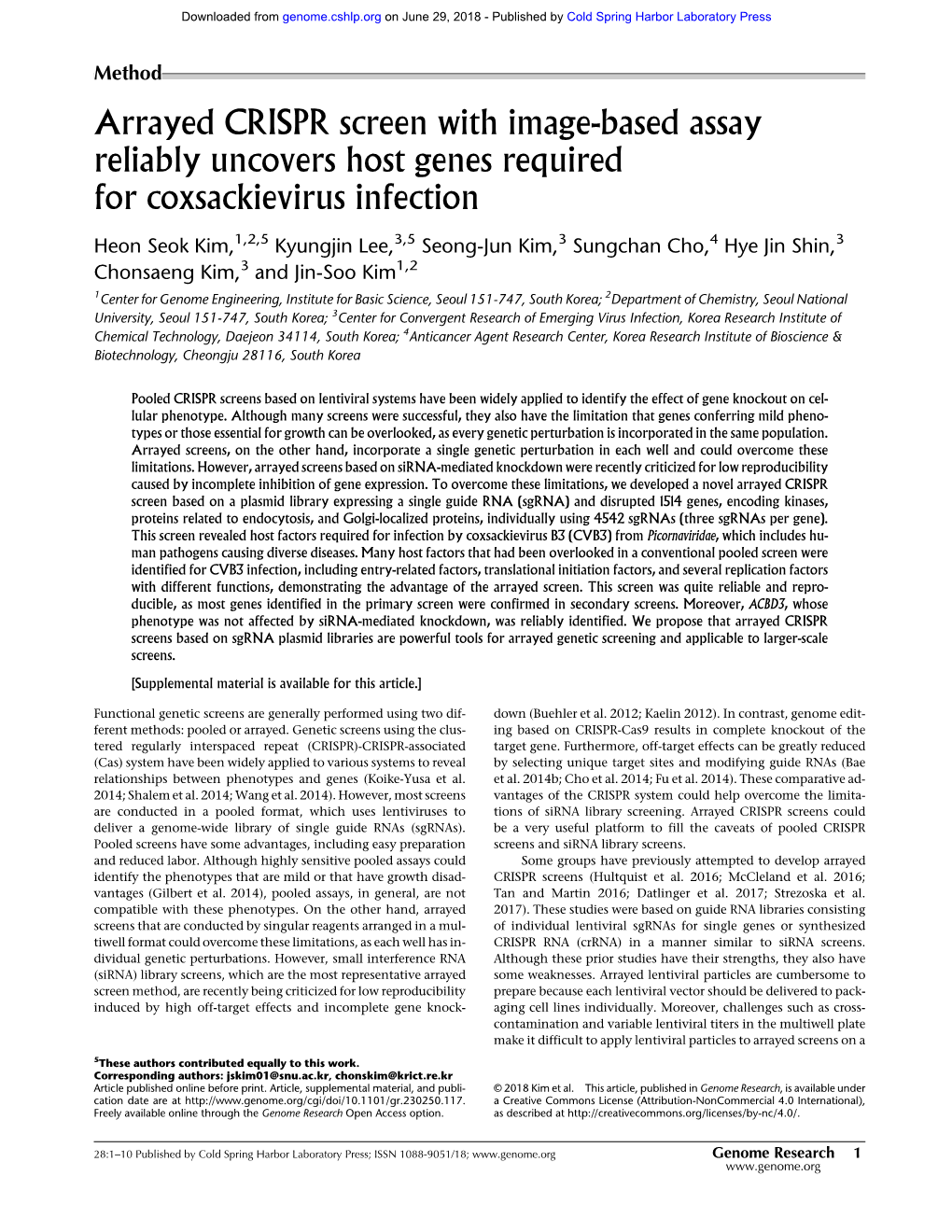 Arrayed CRISPR Screen with Image-Based Assay Reliably Uncovers Host Genes Required for Coxsackievirus Infection