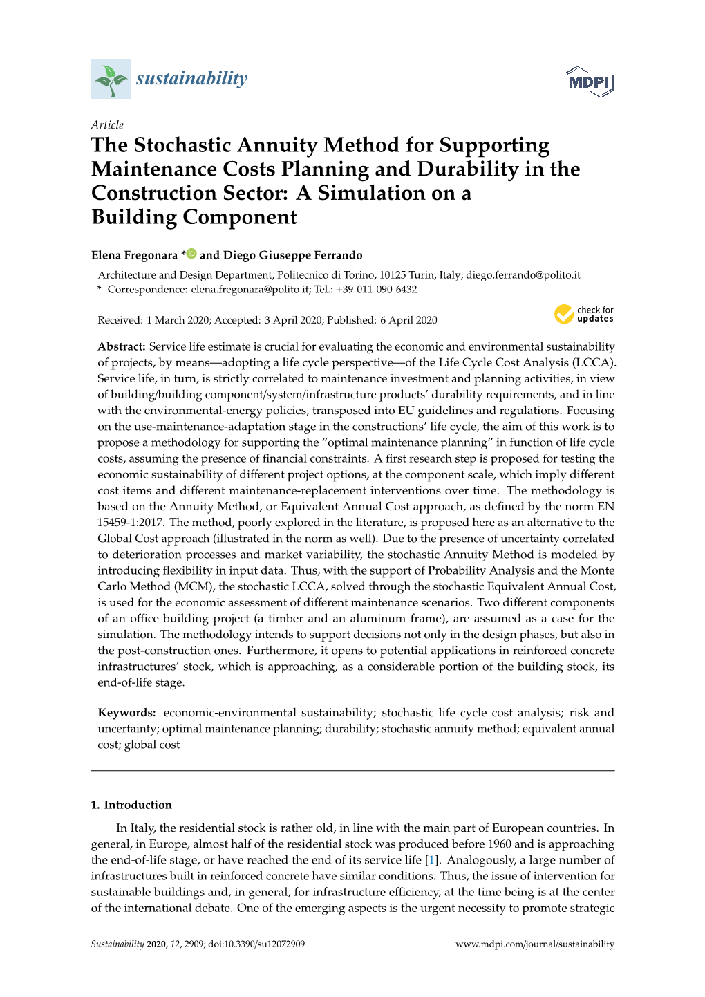 The Stochastic Annuity Method for Supporting Maintenance Costs Planning and Durability in the Construction Sector: a Simulation on a Building Component