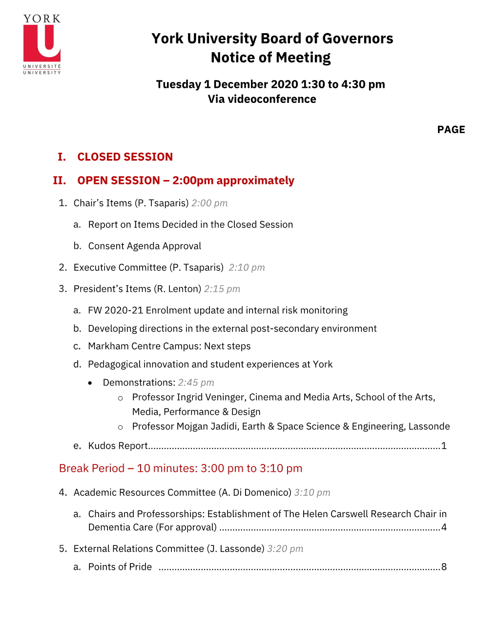 York University Board of Governors Notice of Meeting