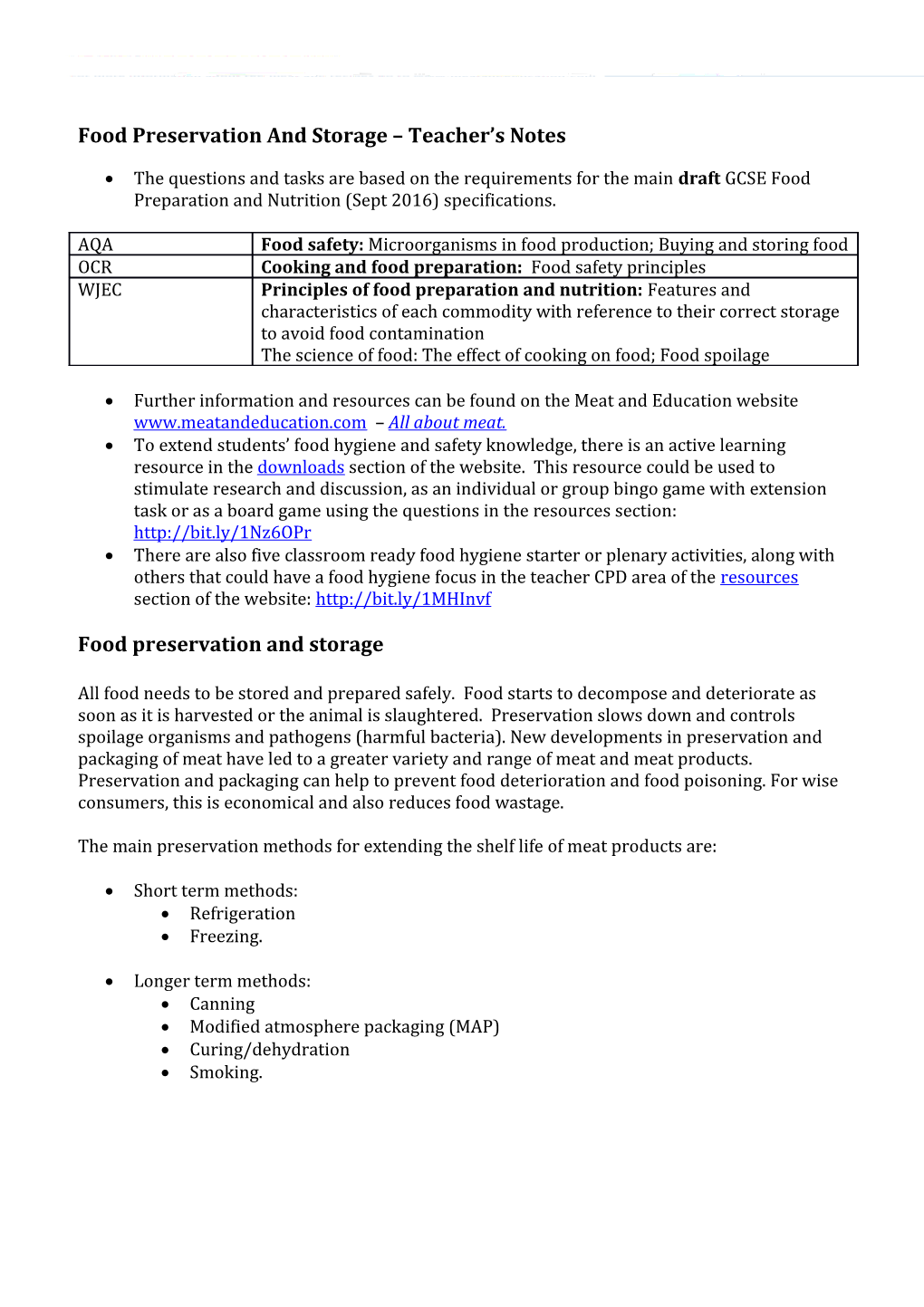 Food Preservation and Storage Teacher S N Otes