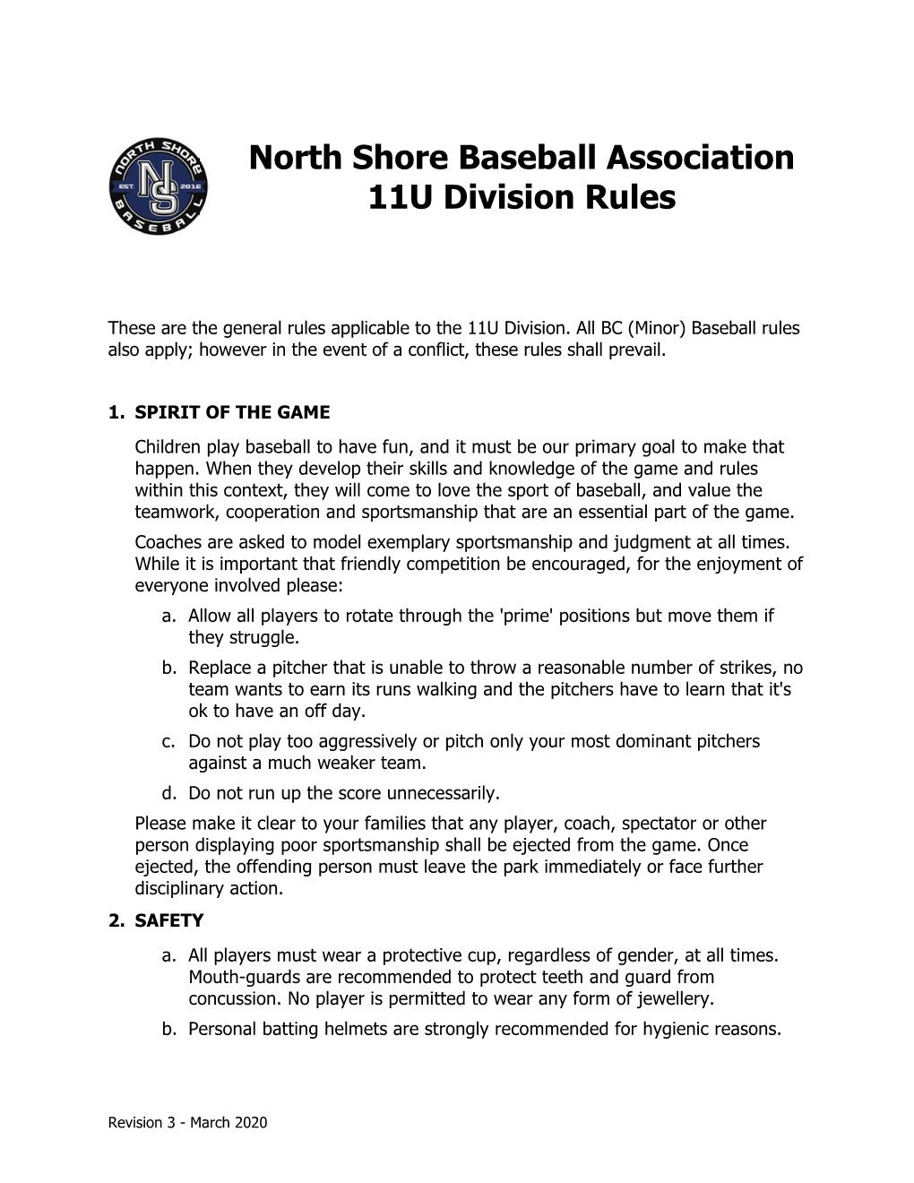 North Shore Baseball Association 11U Division Rules