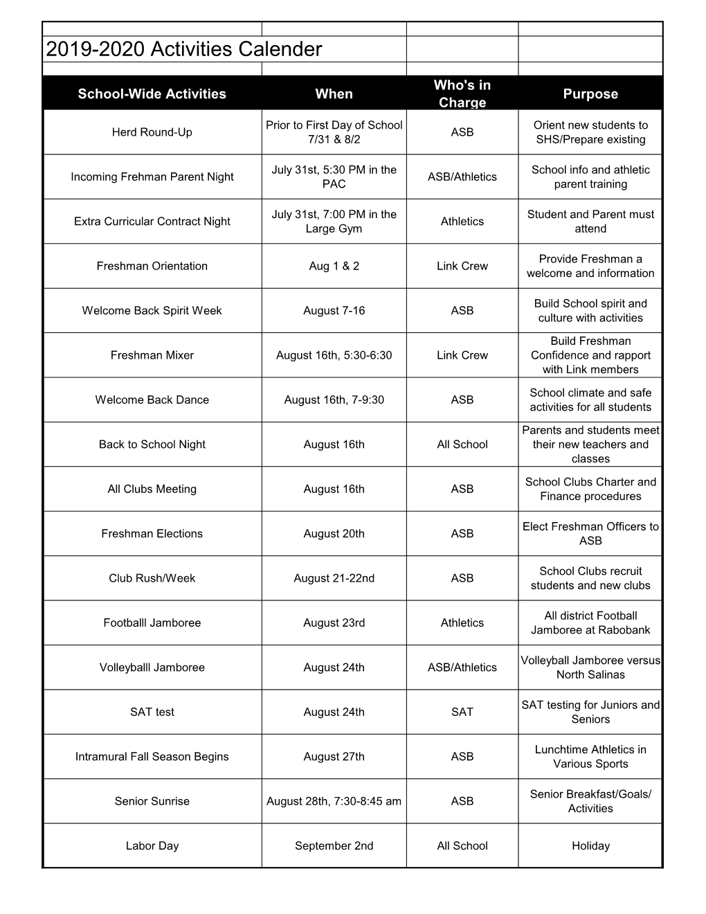 2019-2020 Activities Calender