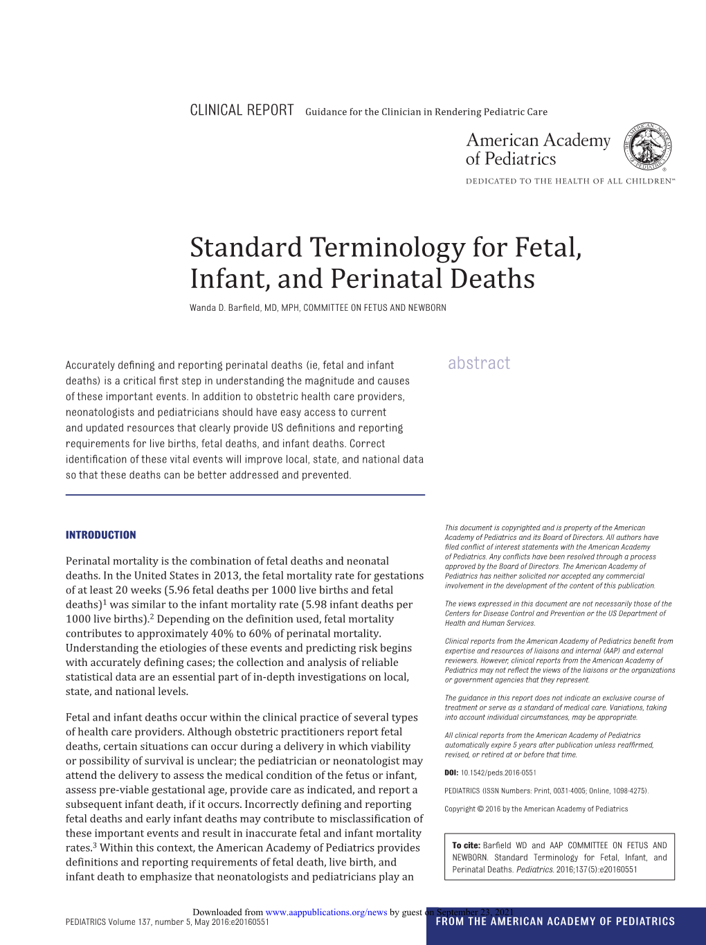 Standard Terminology for Fetal, Infant, and Perinatal Deaths Wanda D