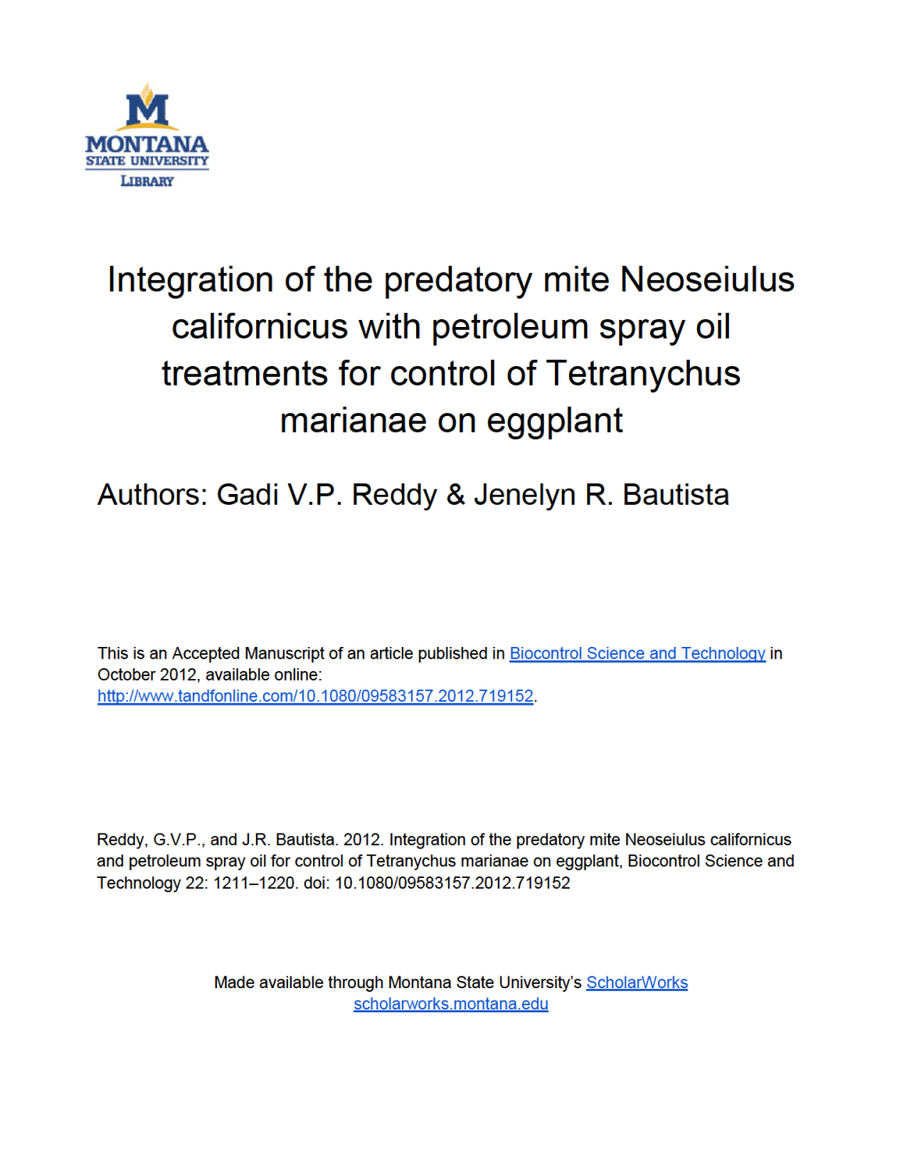 Integration of the Predatory Mite Neoseiulus Californicus with Petroleum Spray Oil Treatments for Control of Tetranychus Marianae on Eggplant