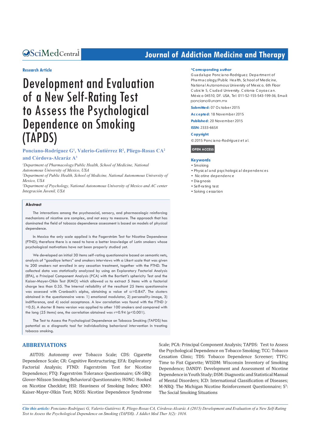Development and Evaluation of a New Self-Rating Test to Assess the Psychological Dependence on Smoking (TAPDS)
