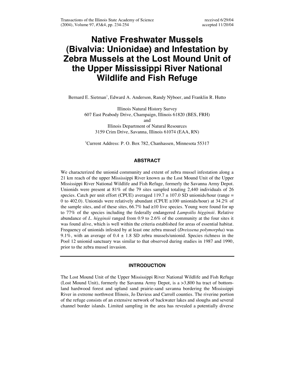 Native Freshwater Mussels (Bivalvia: Unionidae) and Infestation by Zebra