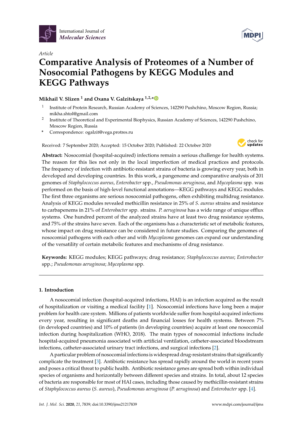 Comparative Analysis of Proteomes of a Number of Nosocomial Pathogens by KEGG Modules and KEGG Pathways