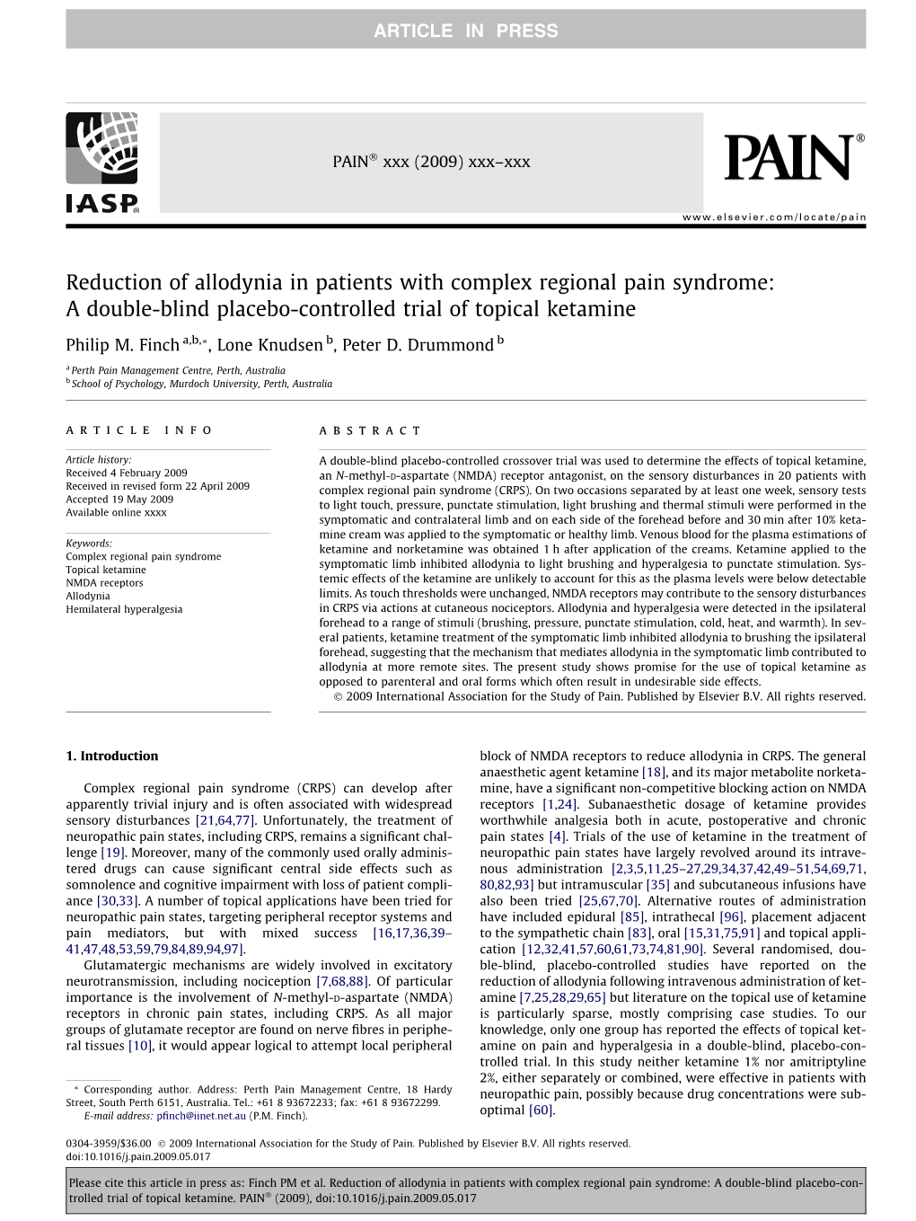 Reduction of Allodynia in Patients with Complex Regional Pain Syndrome: a Double-Blind Placebo-Controlled Trial of Topical Ketamine