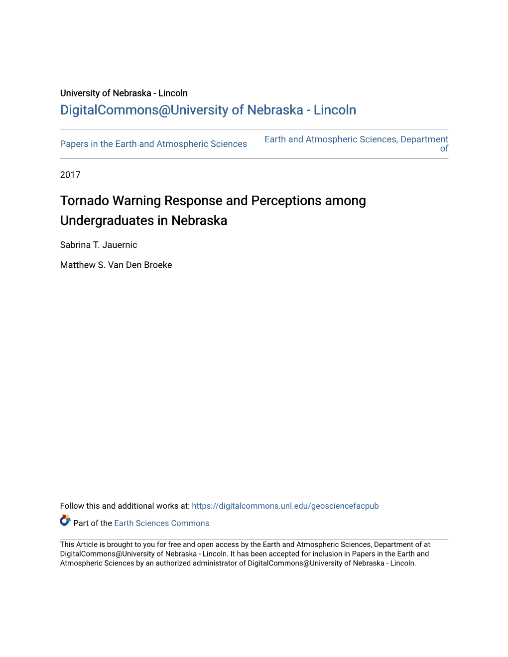 Tornado Warning Response and Perceptions Among Undergraduates in Nebraska