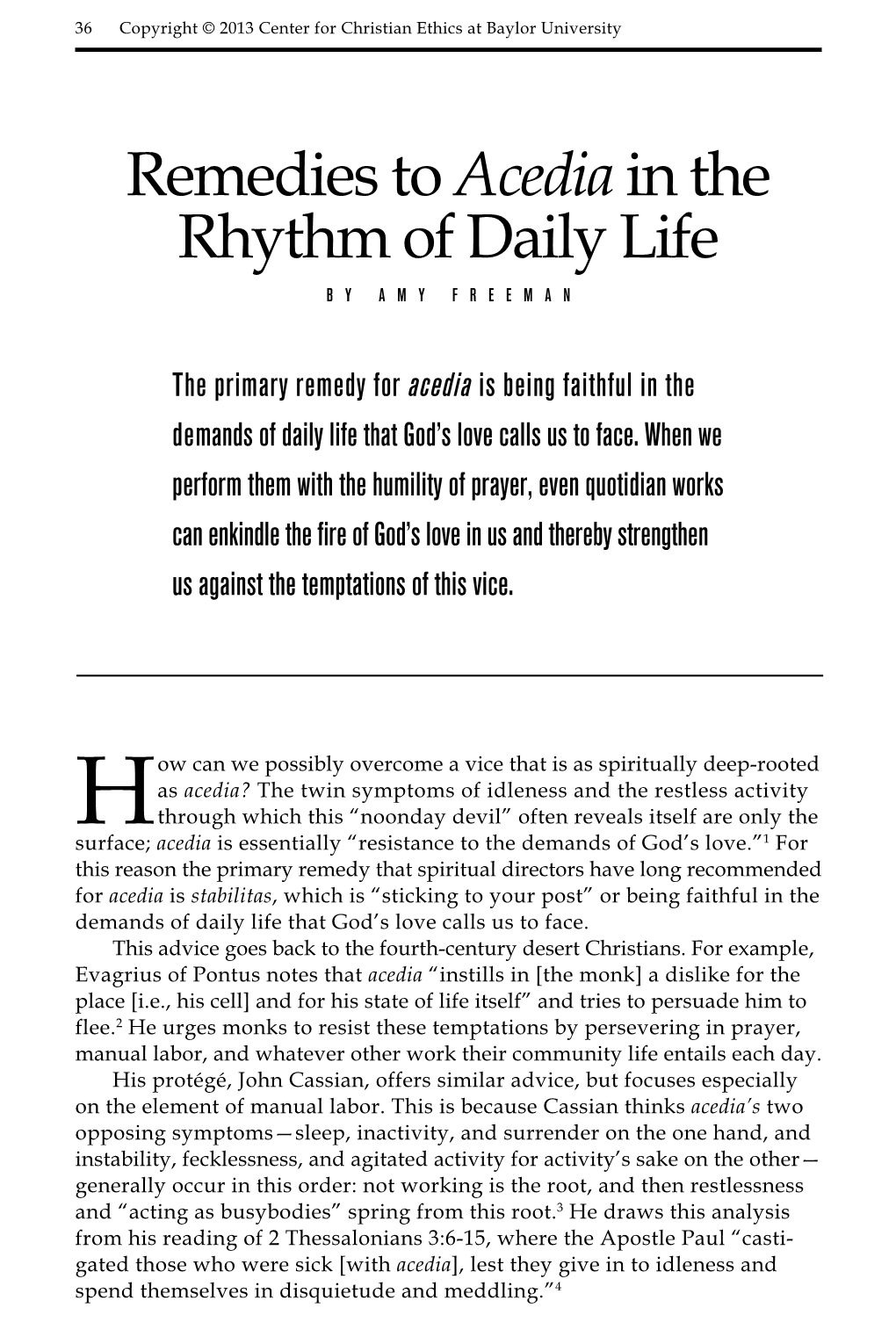 Remedies to Acedia in the Rhythm of Daily Life by Amy Freeman