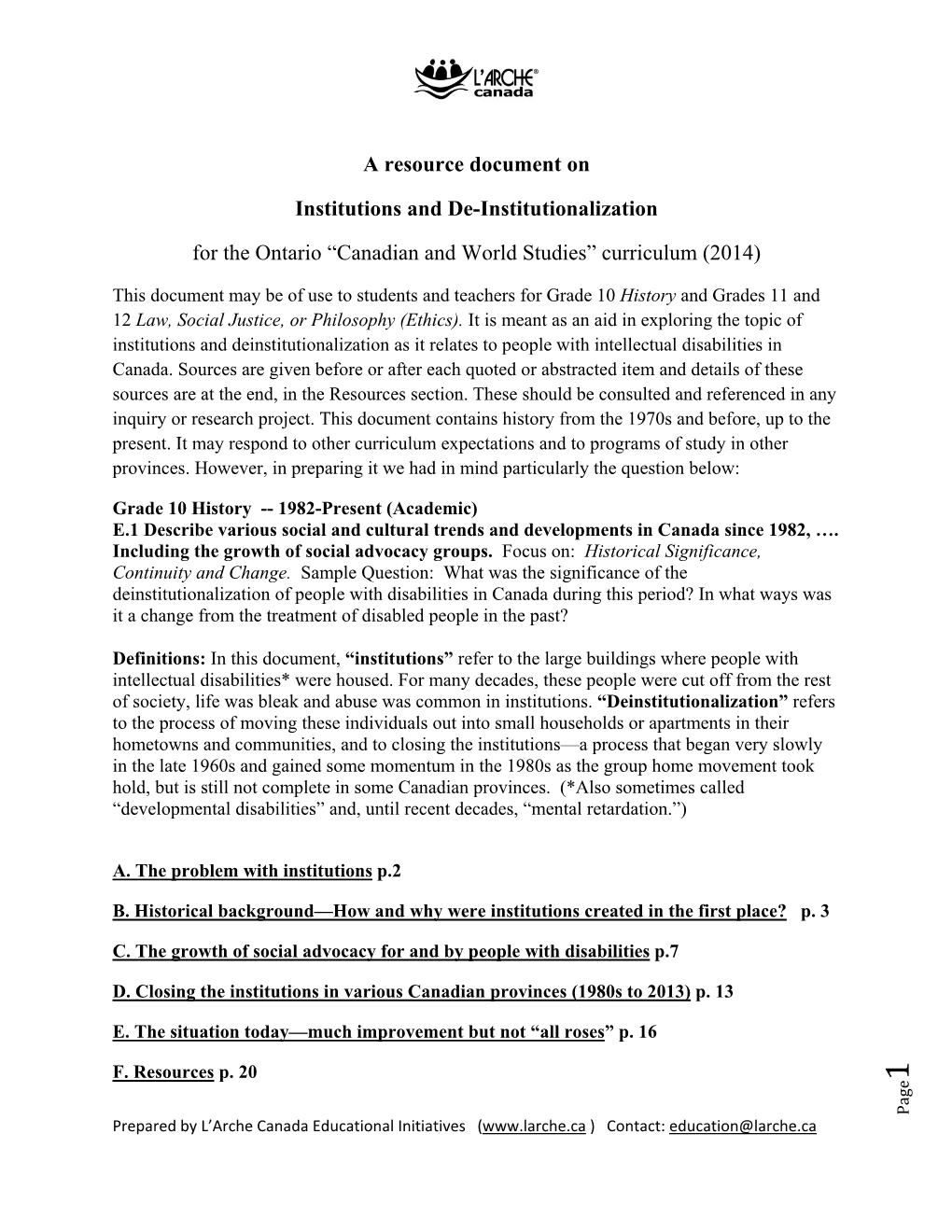 A Resource Document on Institutions and De-Institutionalization for the Ontario “Canadian and World Studies” Curriculum (2