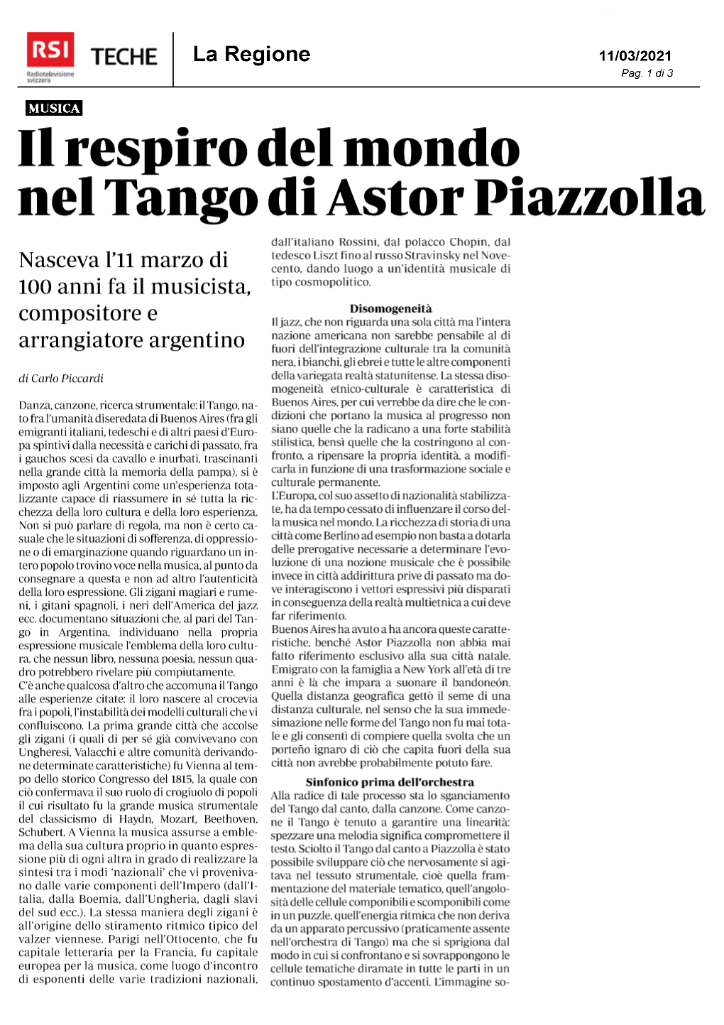 Il Respiro Del Mondo Nel Tango Di Astor Piazzolla