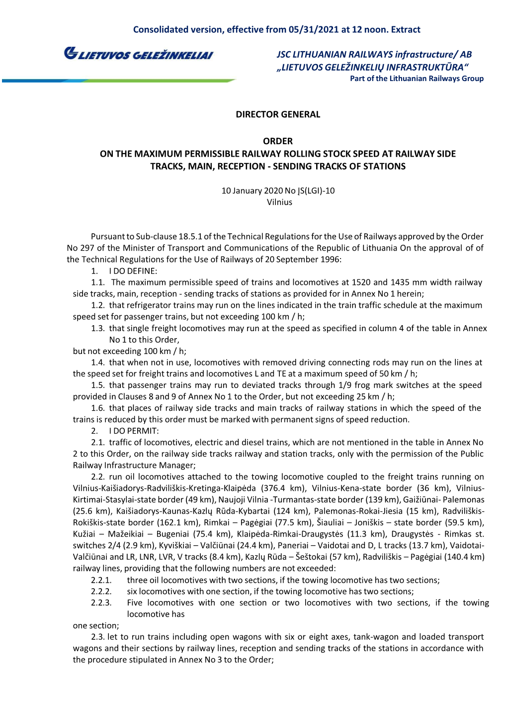 Consolidated Version, Effective from 05/31/2021 at 12 Noon. Extract JSC LITHUANIAN RAILWAYS Infrastructure/ AB „LIETUVOS GELE