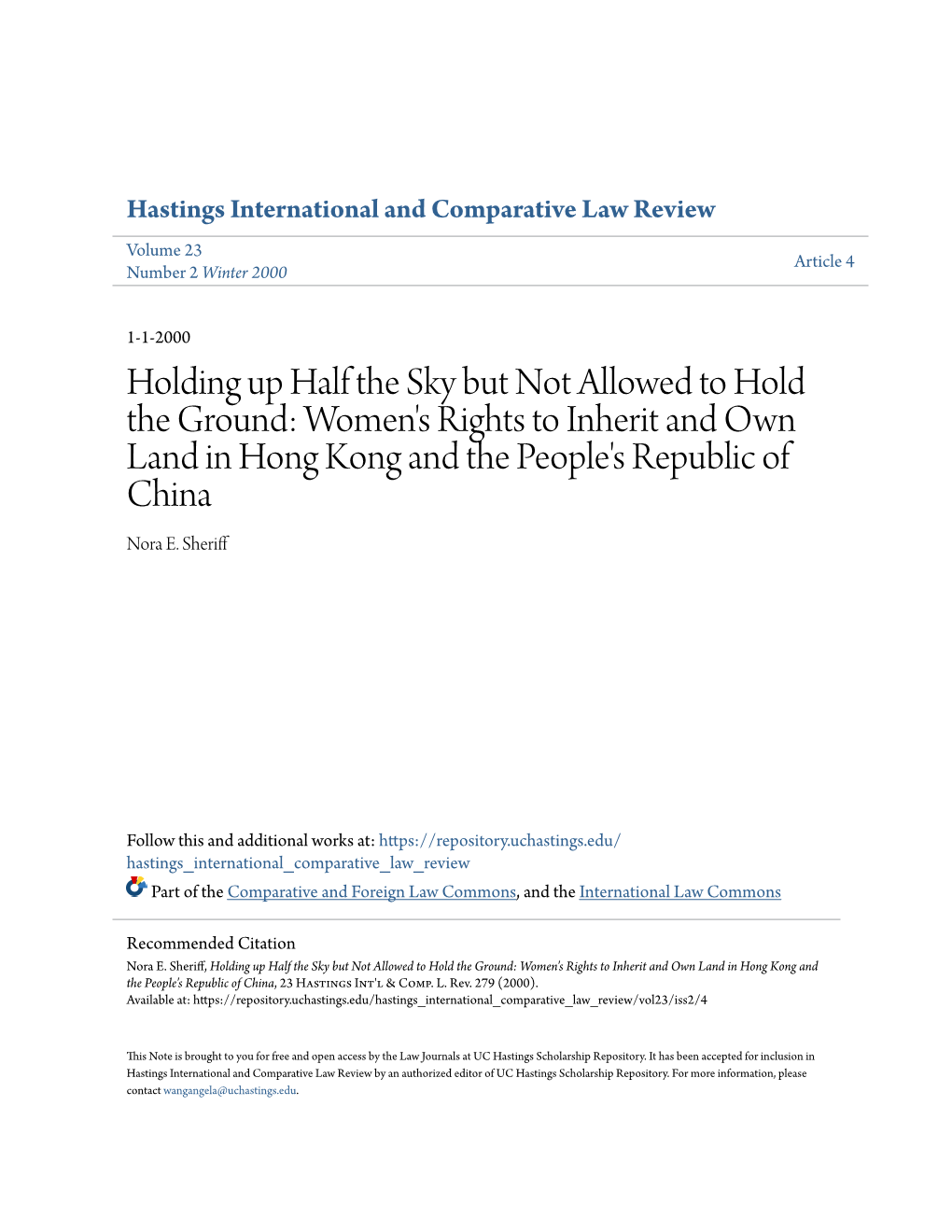 Women's Rights to Inherit and Own Land in Hong Kong and the People's Republic of China Nora E