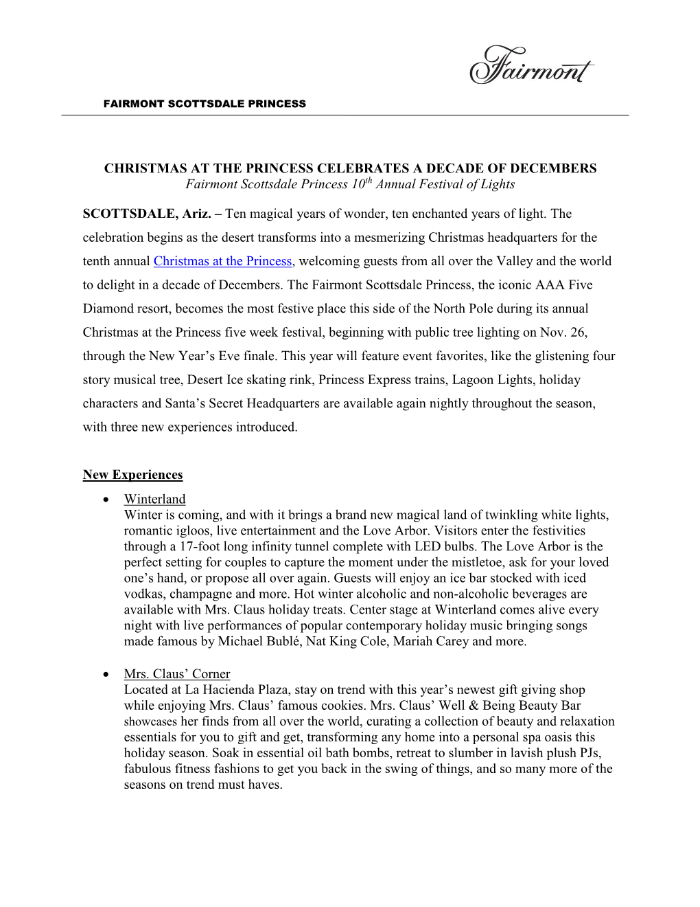CHRISTMAS at the PRINCESS CELEBRATES a DECADE of DECEMBERS Fairmont Scottsdale Princess 10Th Annual Festival of Lights SCOTTSDA