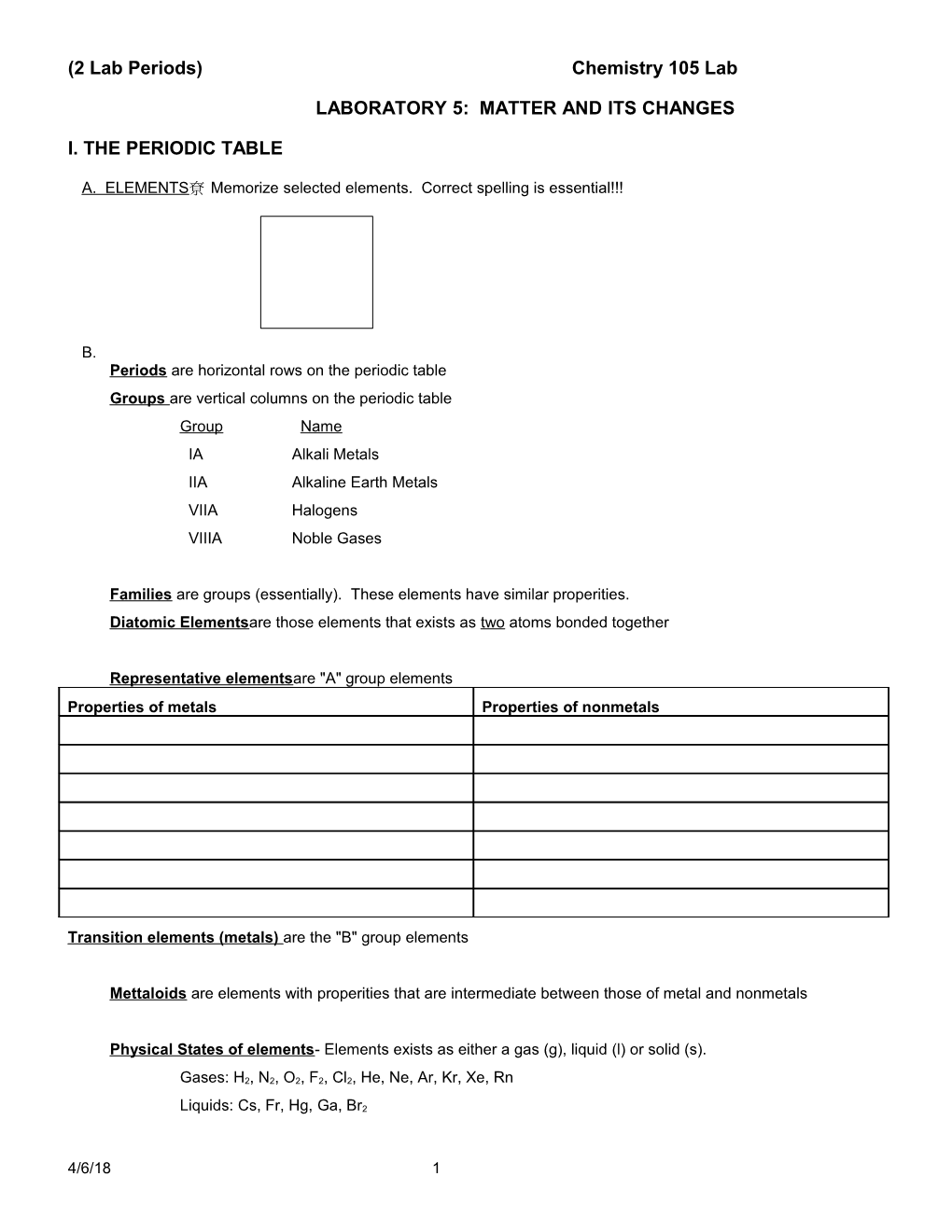 (2 Lab Periods) Chemistry 105 Lab