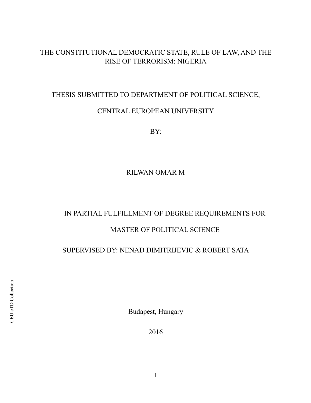 The Constitutional Democratic State, Rule of Law, and the Rise of Terrorism: Nigeria