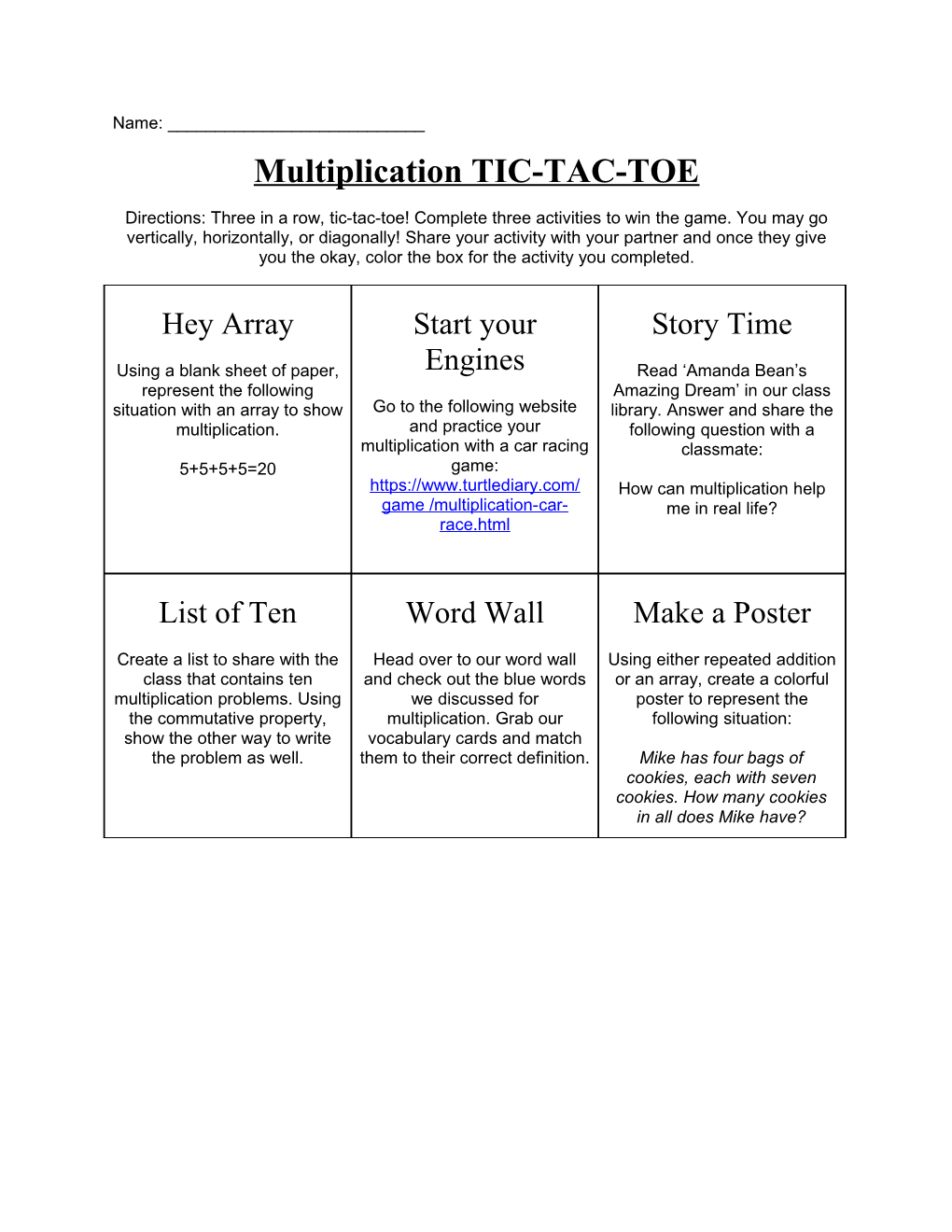 Multiplication TIC-TAC-TOE