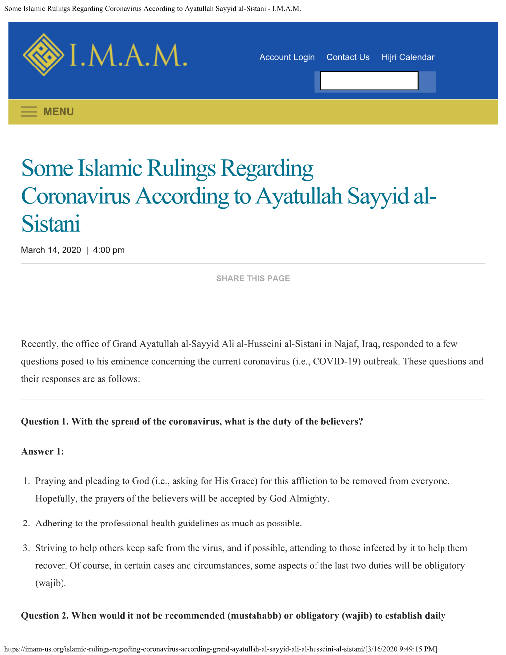 Some Islamic Rulings Regarding Coronavirus According to Ayatullah Sayyid Al-Sistani - I.M.A.M