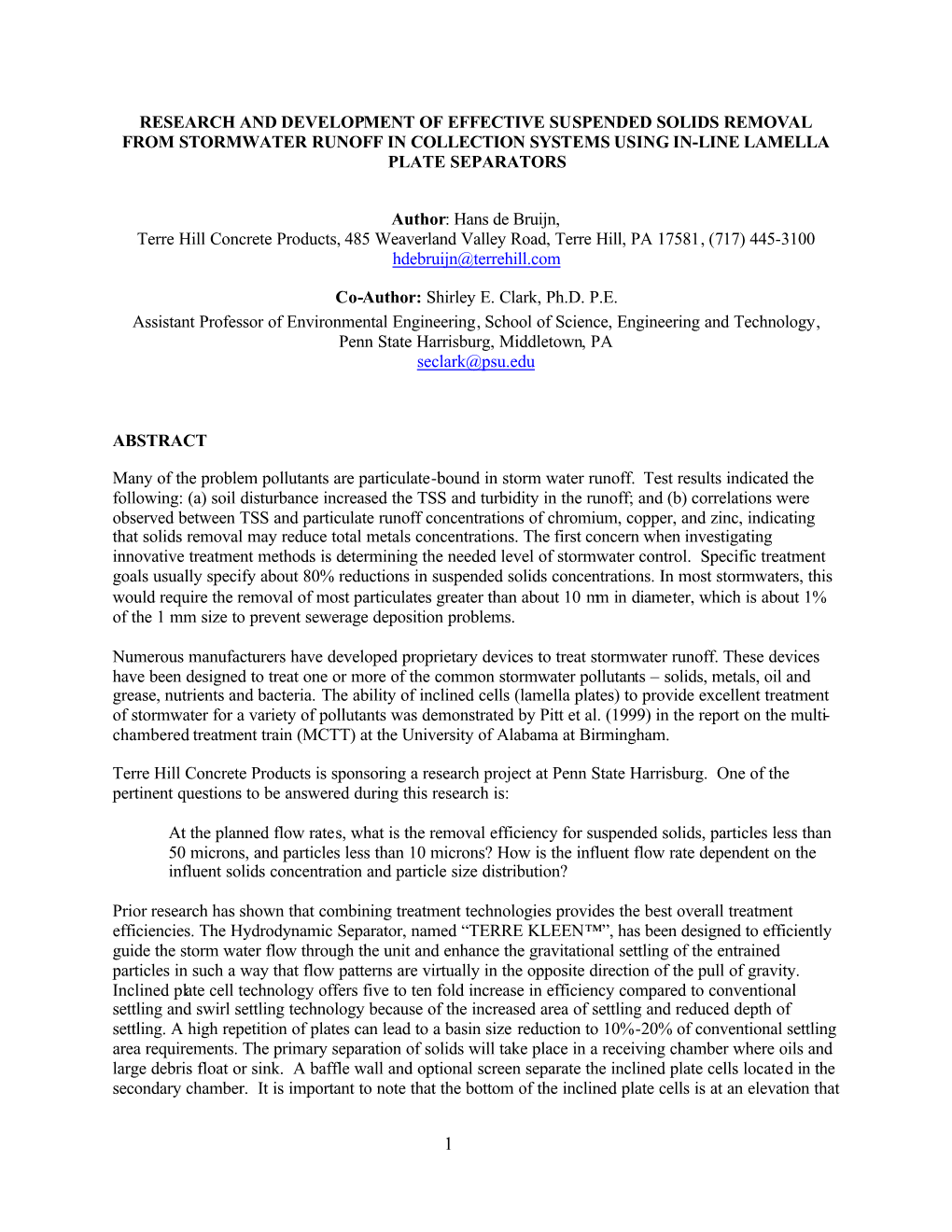 Research and Development of Effective Suspended Solids Removal from Stormwater Runoff in Collection Systems Using In-Line Lamella Plate Separators