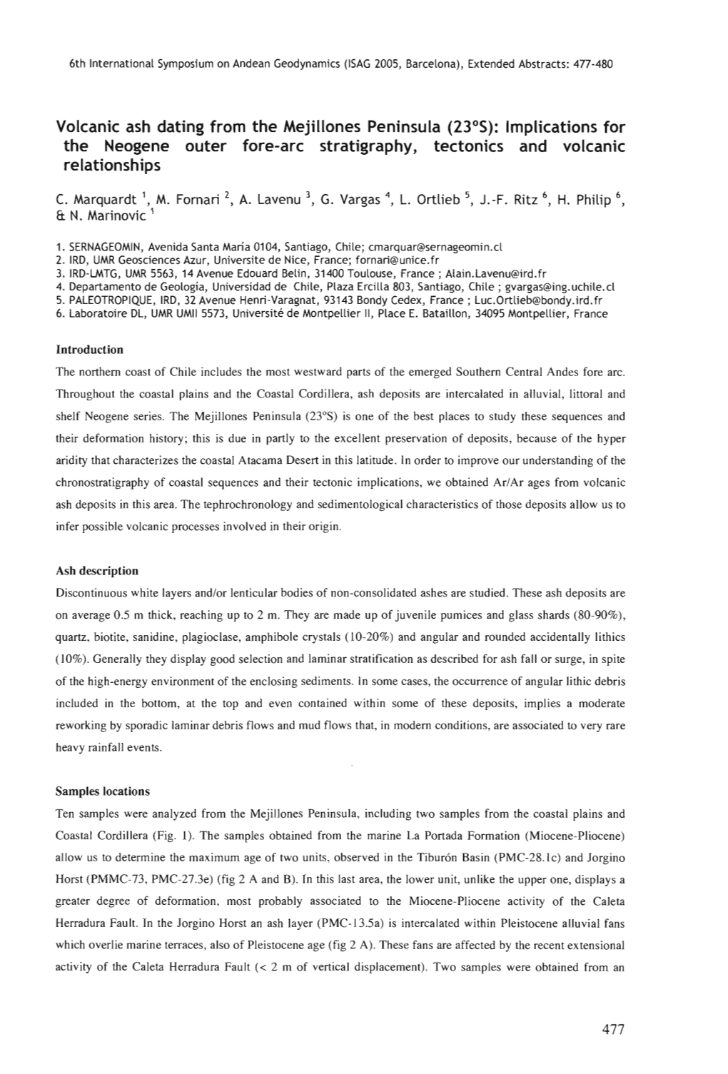 Volcanic Ash Dating from the Mejillones Peninsula (23°5): Implications for the Neogene Outer Fore-Arc Stratigraphy, Tectonics and Volcanic Relationships