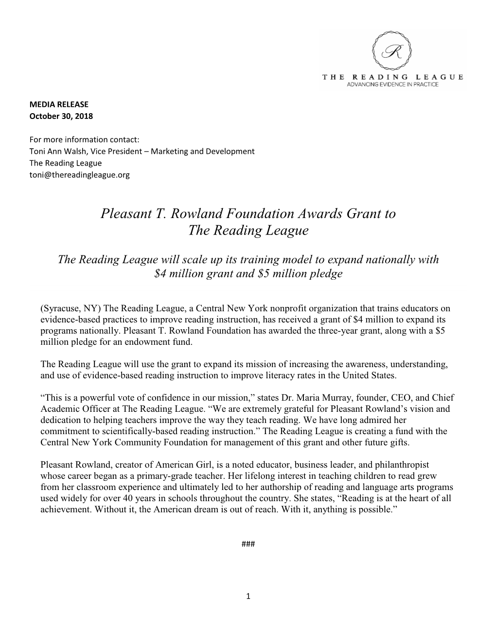 Pleasant T. Rowland Foundation Awards Grant to the Reading League