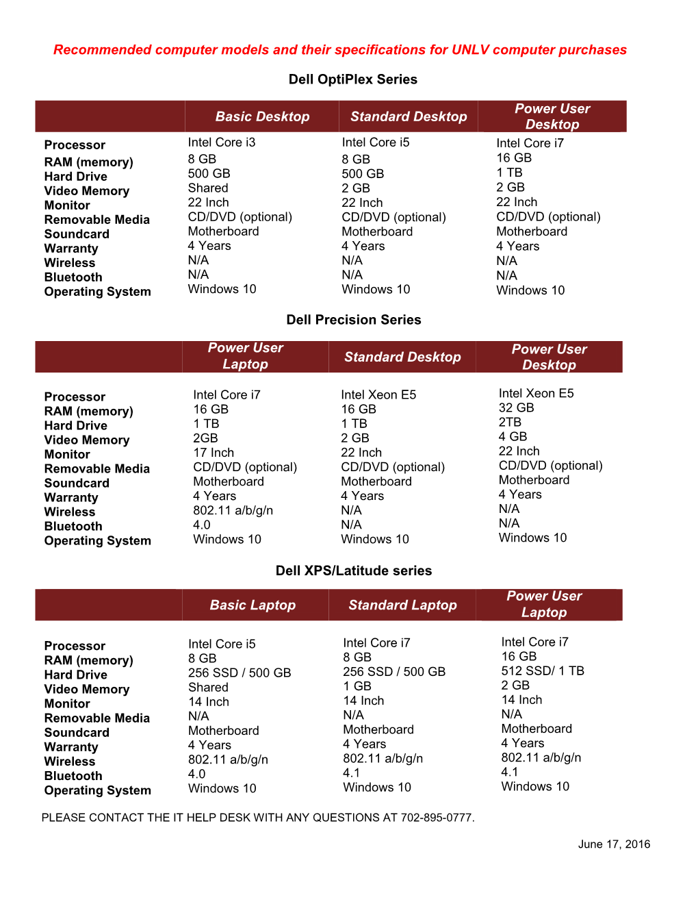 Recommended Computer Models and Their Specifications for UNLV Computer Purchases
