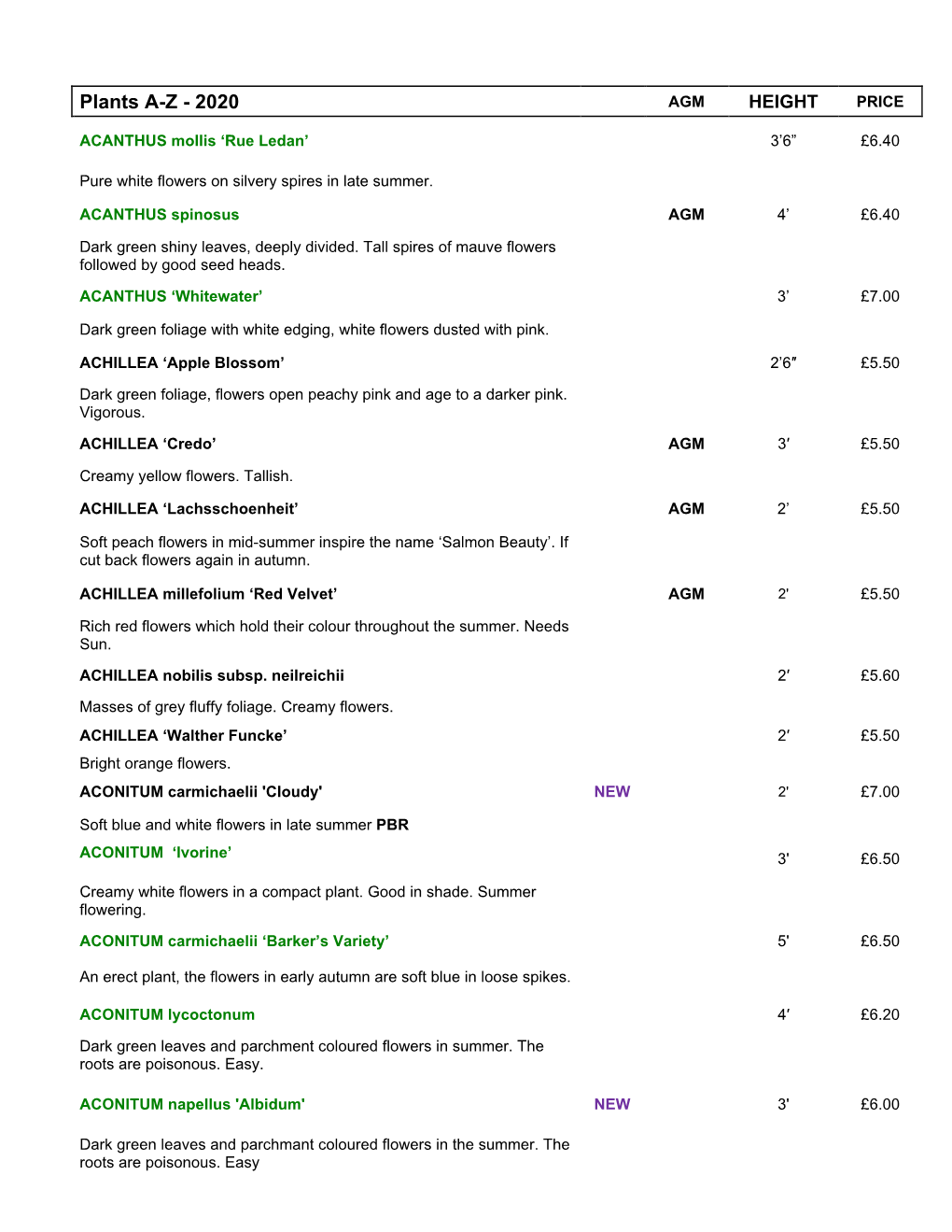 Plants A-Z - 2020 AGM HEIGHT PRICE