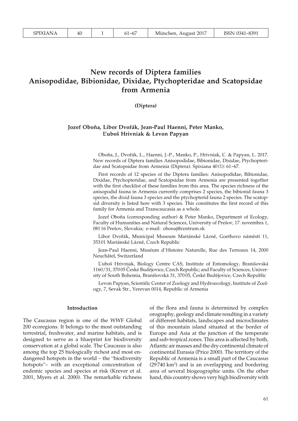 New Records of Diptera Families Anisopodidae, Bibionidae, Dixidae, Ptychopteridae and Scatopsidae from Armenia