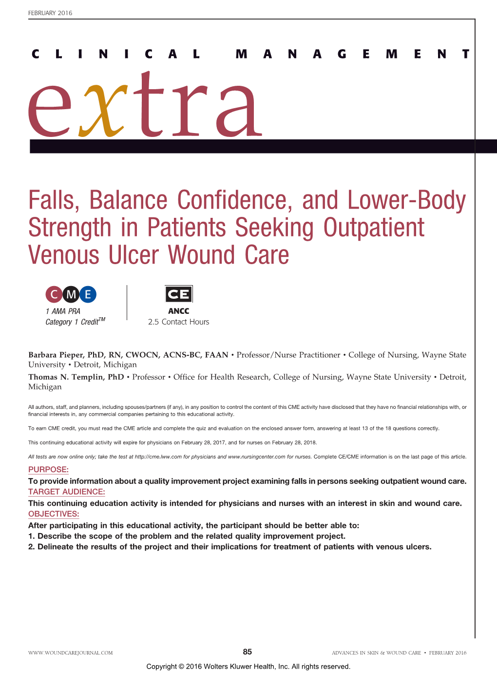 Falls, Balance Confidence, and Lower-Body Strength in Patients Seeking Outpatient Venous Ulcer Wound Care