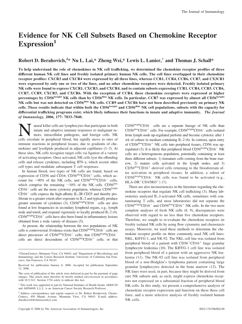 Chemokine Receptor Expression Evidence for NK Cell Subsets Based On