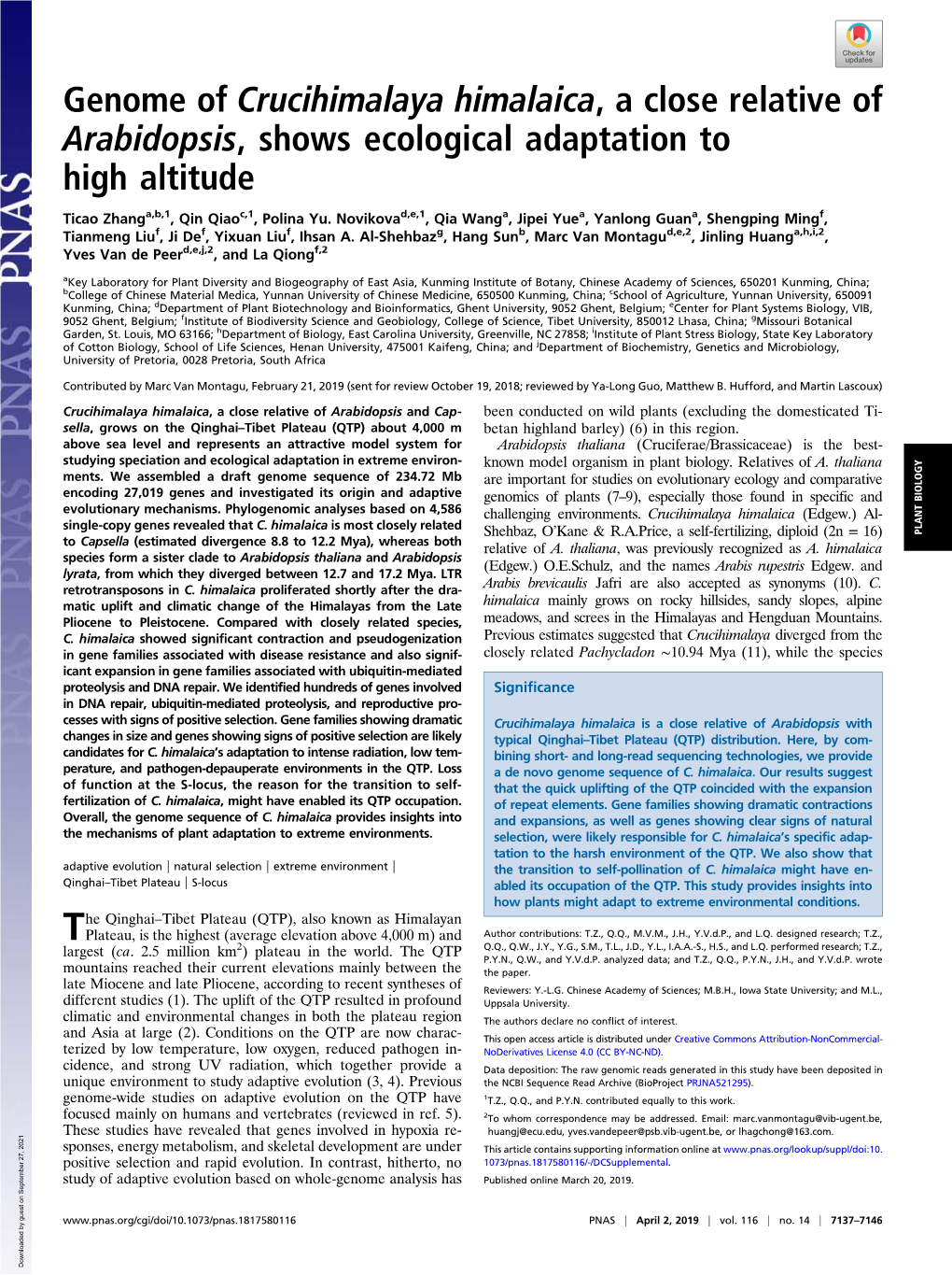 Genome of Crucihimalaya Himalaica, a Close Relative of Arabidopsis, Shows Ecological Adaptation to High Altitude