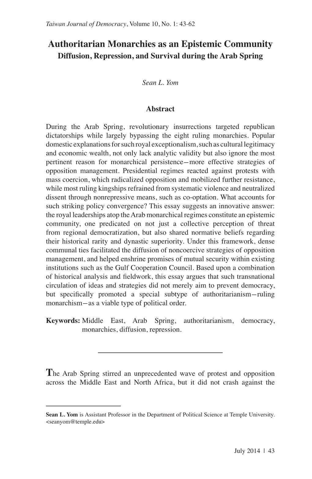 Authoritarian Monarchies As an Epistemic Community Diffusion, Repression, and Survival During the Arab Spring