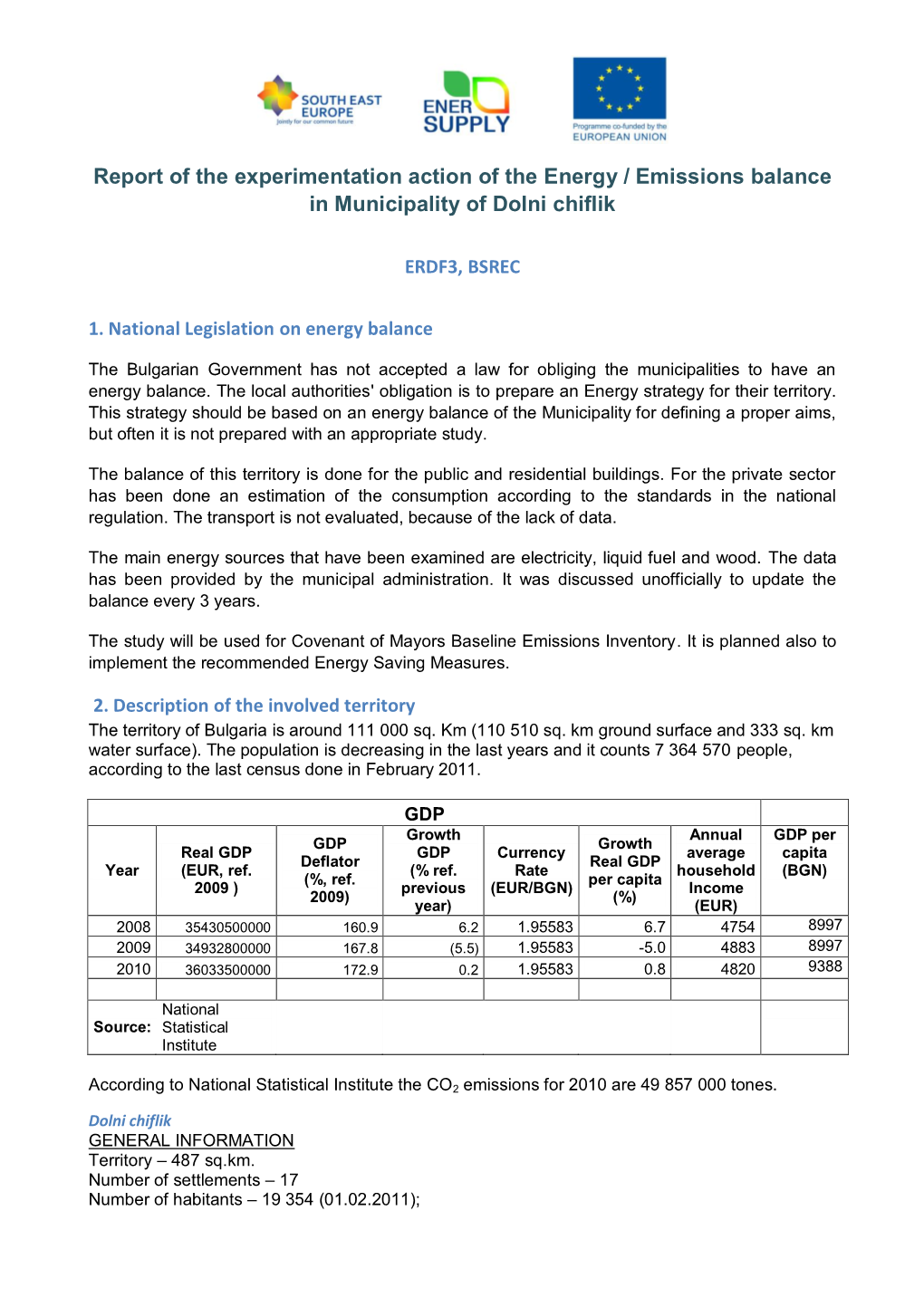 Report on Energy Balance of Municipality of Dolni Chiflik