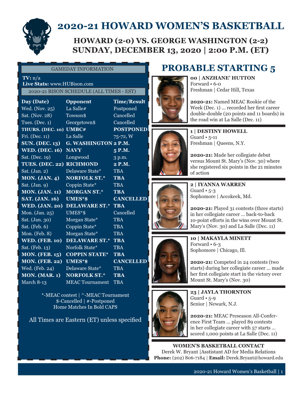 2020-21 Howard Women's Basketball Howard University Combined Team Statistics (As of Dec 11, 2020) 2020-21 HOWARD WOMEN’S Basketballall Games SEASON STATISTICS