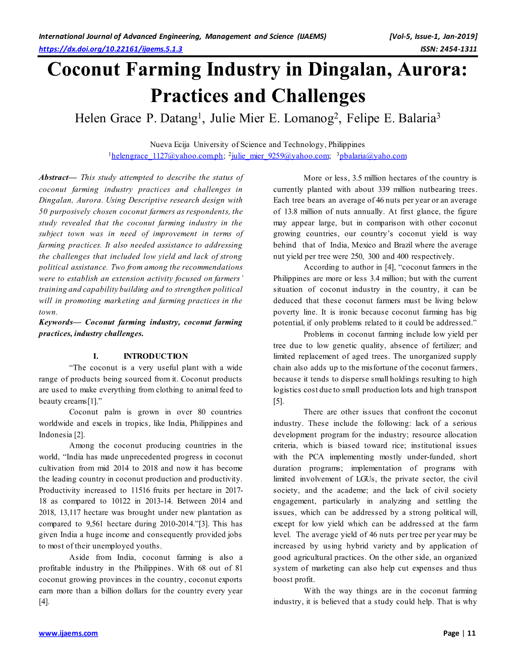 Coconut Farming Industry in Dingalan, Aurora: Practices and Challenges Helen Grace P