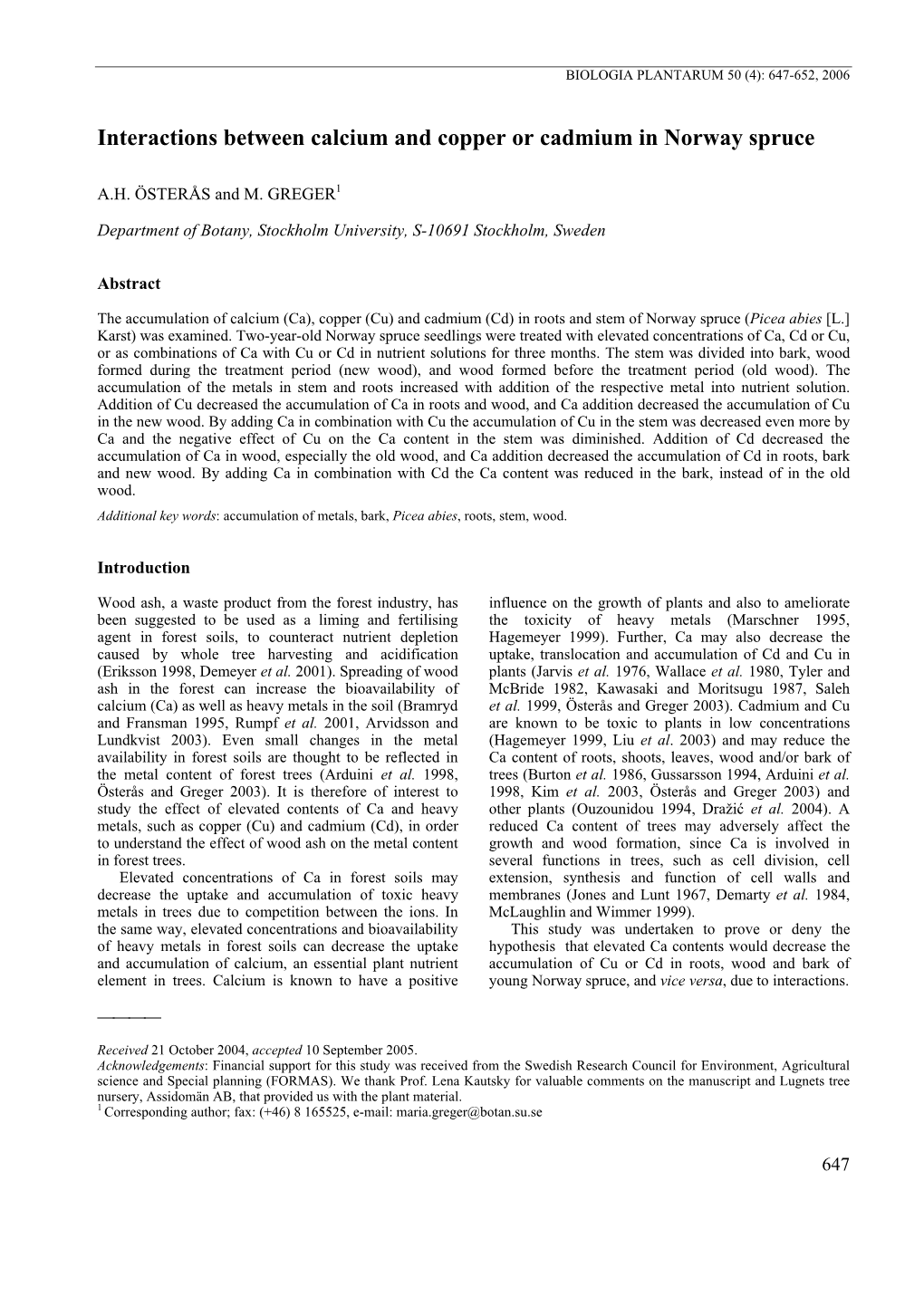 Interactions Between Calcium and Copper Or Cadmium in Norway Spruce