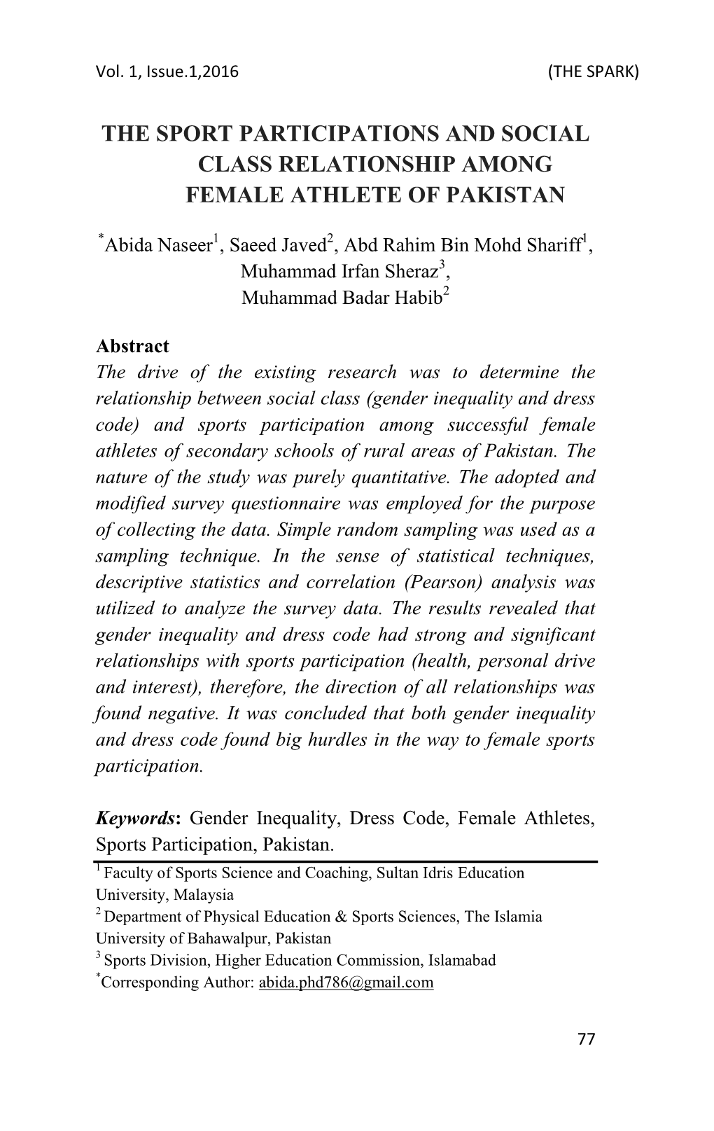 The Sport Participations and Social Class Relationship Among Female Athlete of Pakistan