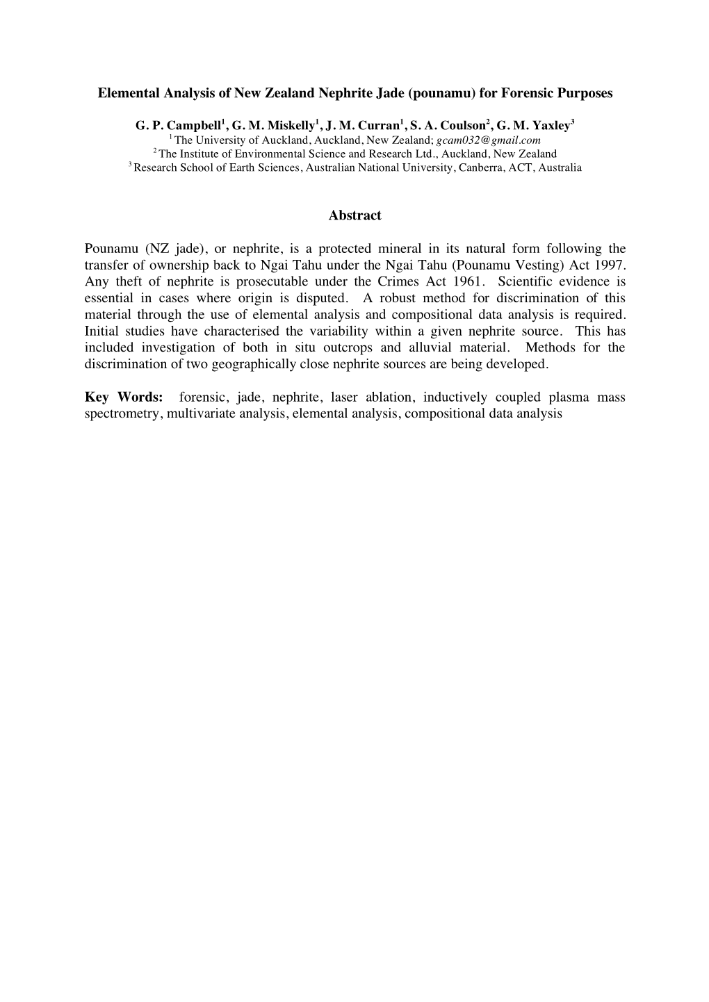 Elemental Analysis of New Zealand Nephrite Jade (Pounamu) for Forensic Purposes