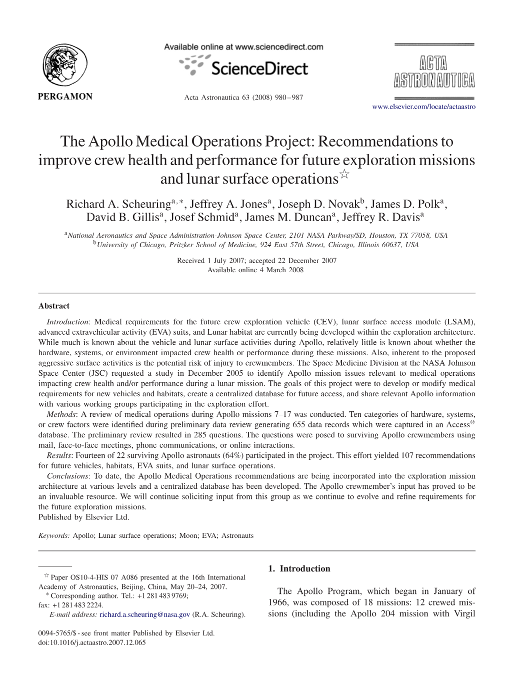 The Apollo Medical Operations Project: Recommendations to Improve Crew Health and Performance for Future Exploration Missions and Lunar Surface Operationsଁ Richard A
