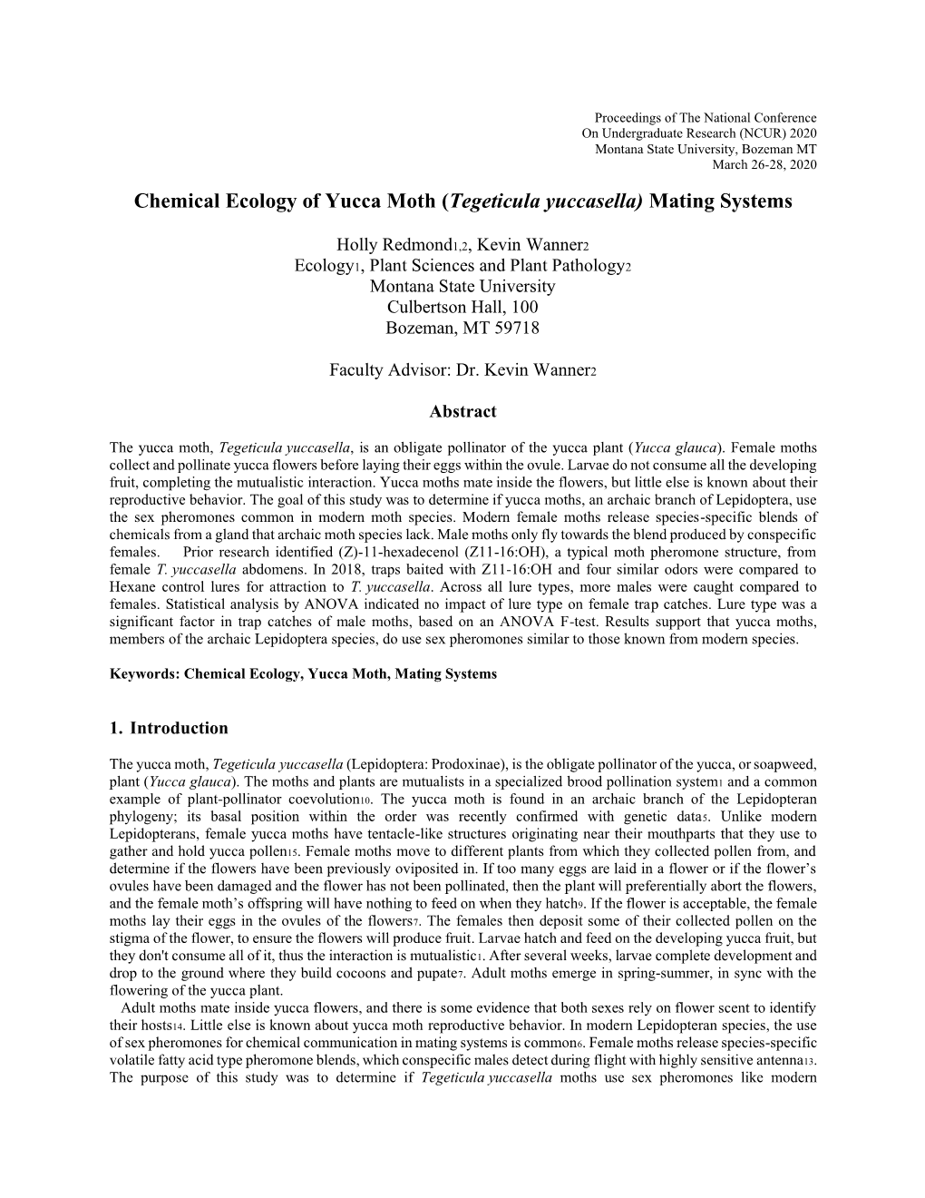 Chemical Ecology of Yucca Moth (Tegeticula Yuccasella) Mating Systems